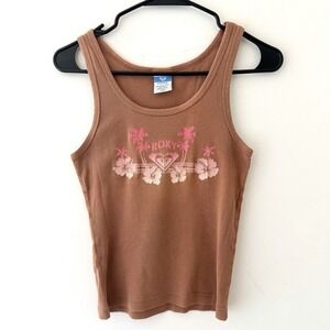 Roxy Womens Y2K Tank Top Large Brown Cotton Ribbed Hibiscus Surf Beach USA